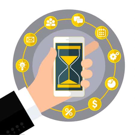 Ilustração com uma mão segurando um celular contando o tempo, a ideia é ilustrar a redução no de tempo de negociação de negócios B2B com a aplicação de estratégias de Inbound Marketing.