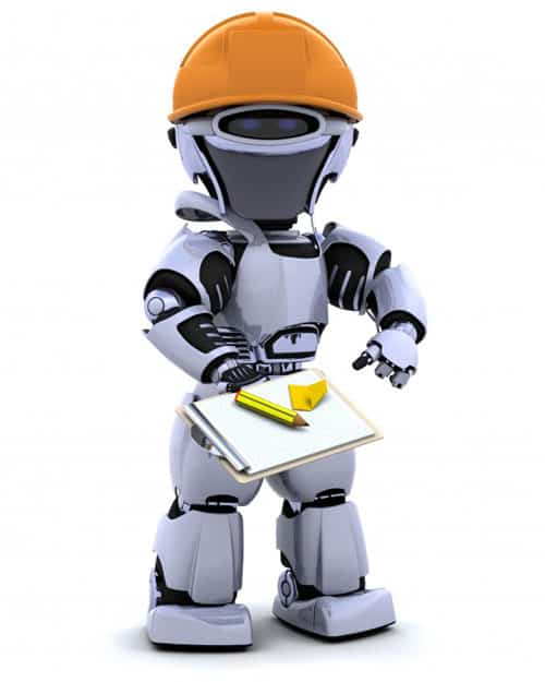Na imagem tem um robô engenheiro com uma planilha nas mãos e capacete.